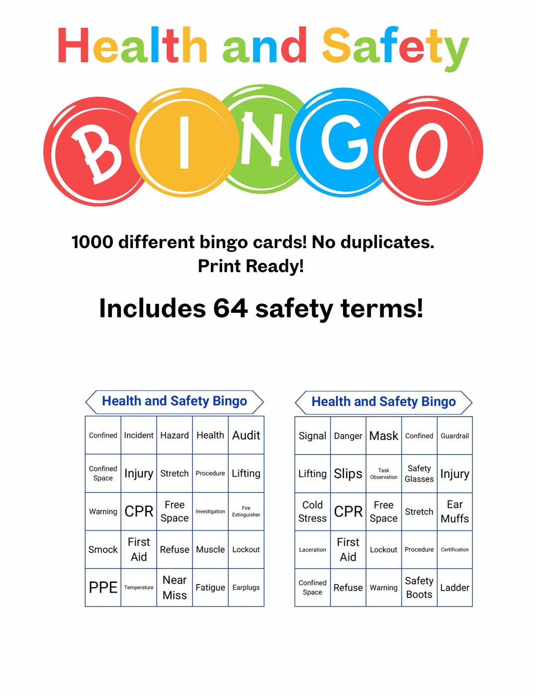 Printable Health and Safety Bingo Game – 1000 Unique Cards for ...