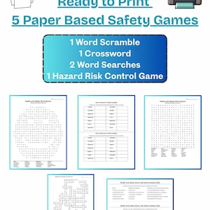 May include: Five paper-based safety games ready to print, including a word scramble, crossword, and word searches. The games are designed for health and safety training, with a printer icon in the top right corner.