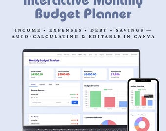 May include: A laptop and a smartphone display a monthly budget tracker with charts and graphs. The tracker includes sections for income, expenses, debt, and savings. The text on the screen reads "Monthly Budget Tracker", "Total Income: $4500.00", "Total Expenses: $2900.00", "Remaining: $1600.00", and "Savings Rate: 17.8%".