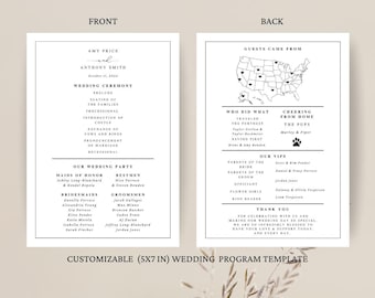 May include: A wedding program template with a front and back design. The front side details the wedding ceremony and party members. The back side shows a map of guest locations and a thank you message. The program measures 12.7 x 17.8 cm.