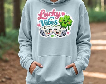 Lucky Vibes Hoodie, Smiling Dice Clover Graphic, Unisex Casino Apparel