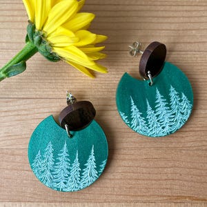 Acrylic and Wood Pine Tree Earrings, Forest,