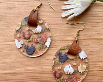 Acrylic and Leather Chicken Earrings, Henhouse, Rooster, Farm