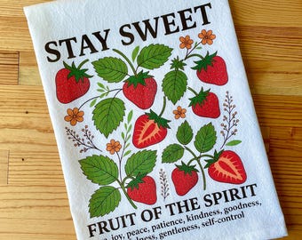 Strawberry Flour Sack Towel, Stay Sweet, Fruit of the Spirit, Country Style, Cotton Kitchen Towel