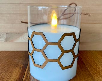 Leatherette Honeycomb Pattern Candle Wrap with Wood Charm, Mason Jar Wrap