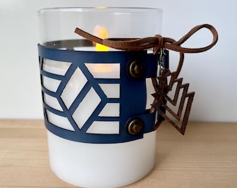 Leatherette Geometric Pattern Candle Wrap with Wood Charm, Mason Jar Wrap