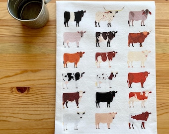 Cow Breeds Flour Sack Towel, Cotton Kitchen Towel, Country Style, Dairy Farm