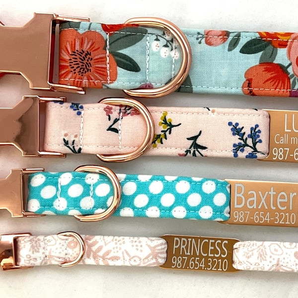 Rose Gold Dog Collar Personalized for Girl, Boy with Slide On ID Tag