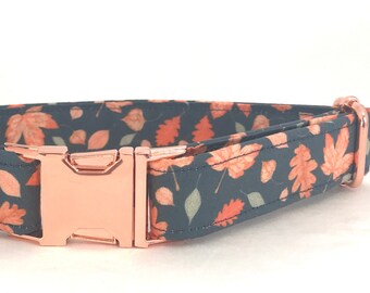 Fall Dog Collar - Autumn Leaves Peach - Metal Rose Gold Buckle - NO ENGRAVING