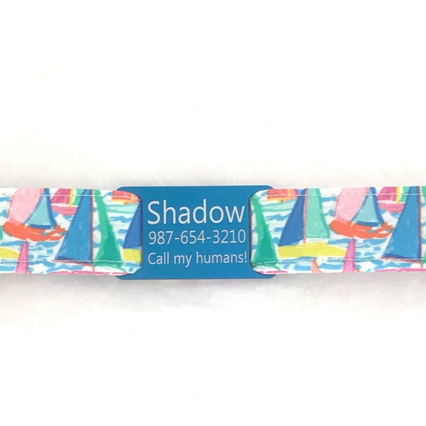 Nautical Dog Collar Personalized with Slide On ID Tag - Colorful Sailboats