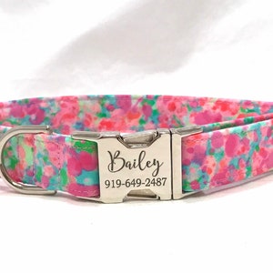 Personalized Dog Collar - Laser Engraved Buckle - Tropical Pink Watercolor