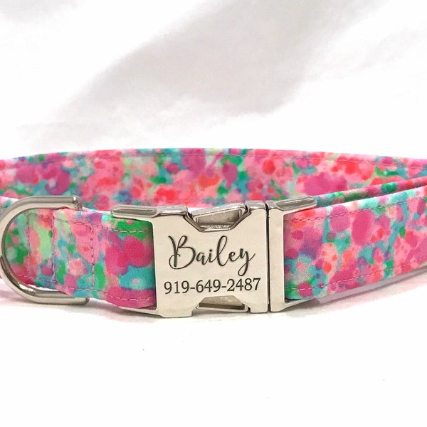 Personalized Dog Collar - Laser Engraved Buckle - Tropical Pink Watercolor