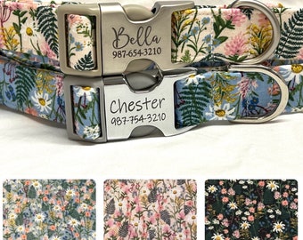 Personalized Rifle Paper Co Dog Collar - Engraved SNUG FIT Lightweight Metal/Plastic Buckle - Wildflowers- Black -Blue-Pink