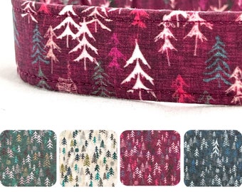 Trees Dog Collar -  Tranquil Autumn Forest - Burgundy - Green - Blue - Cream