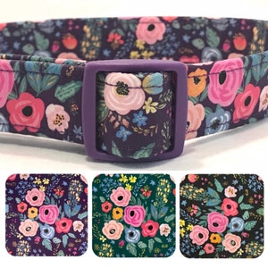 Purple Dog Collar - Retro Flowers - Dark Plum - Green - Black