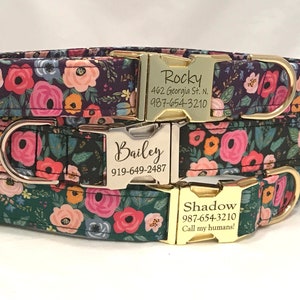 Dog Collar - Personalized Engraved Buckle - Retro Flowers