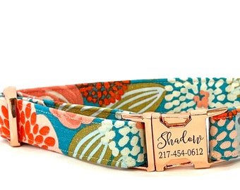 Rose Gold Personalized Dog Collar - Laser Engraved Buckle - Modern Peach, Aqua Flowers
