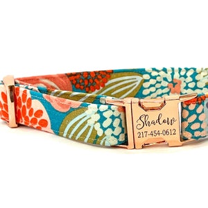 Rose Gold Personalized Dog Collar - Laser Engraved Buckle - Modern Peach, Aqua Flowers