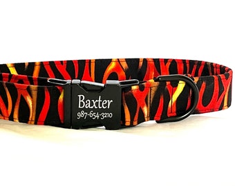 Personalized Dog Collar for Boy, Girl - Laser Engraved Buckle - Fierce Flames Fire