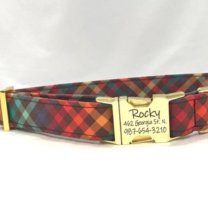 Fall Dog Collar - Personalized Laser Engraved Buckle - Harvest Plaid - Retro Brown Plaid