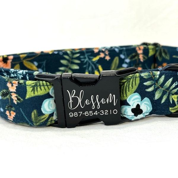 Rifle Paper Co. Dog Collar Personalized Engraved Buckle - Herb Garden Dark Teal