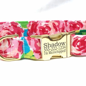 Personalized Dog Collar for Girl - Laser Engraved Buckle - Preppy Floral - Pink Aqua Roses