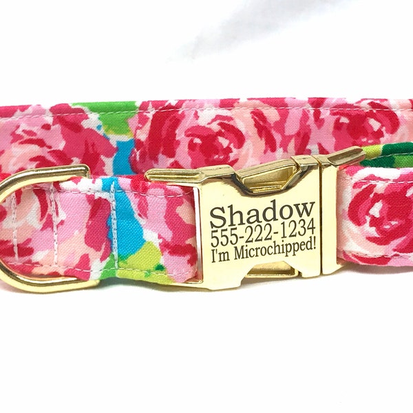 Personalized Dog Collar for Girl - Laser Engraved Buckle - Preppy Floral - Pink Aqua Roses