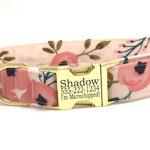 Dog Collar for Girl - Personalized Engraved Buckle - Peach and Pink Flowers