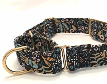 Rifle Paper Co. Martingale Dog Collar - Personalized ID Tag - Teal and Gold Flowers