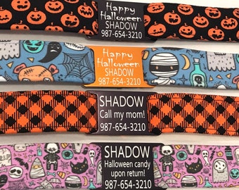 Halloween Dog Collar - Personalized Slide On ID Tag -  Pumpkins, Skeletons, Ghosts, Candy Corn