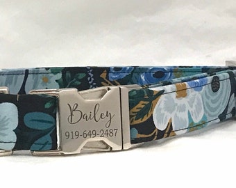 Rifle Paper Co Personalized Dog Collar -  Laser Engraved Buckle - Big Blue Flowers