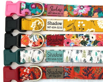 Floral Dog Collar, Engraved Pleather ID Tag, Personalized Puppy Collar