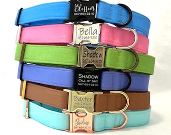 Personalized Dog Collar for Boy, Girl - Plain Solid Colors - Laser Engraved Buckle
