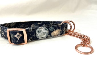 Galaxy Chain Martingale Dog Collar 1" Wide - Rose Gold, Antique Brass, Gunmetal - Planets, Moons and Stars