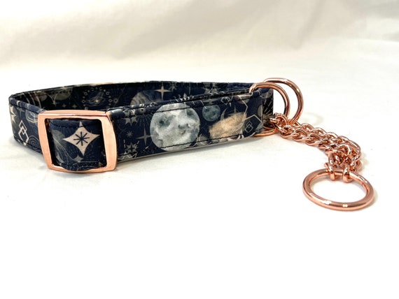 Galaxy Chain Martingale Dog Collar 1" Wide - Rose Gold, Antique Brass, Gunmetal - Planets, Moons and Stars