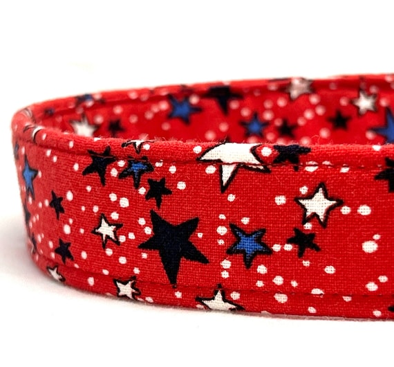 Patriotic Dog Collar - Red Background with White and Blue Stars