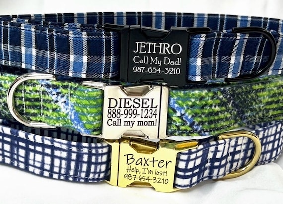 Personalized Boy Dog Collar, Laser Engraved Buckle, Plaid Fabric
