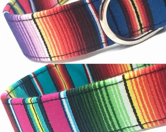 Serape Dog Collar for Girl Boy - Mexican Blanket - Multicolor Stripes- Pink - Blue