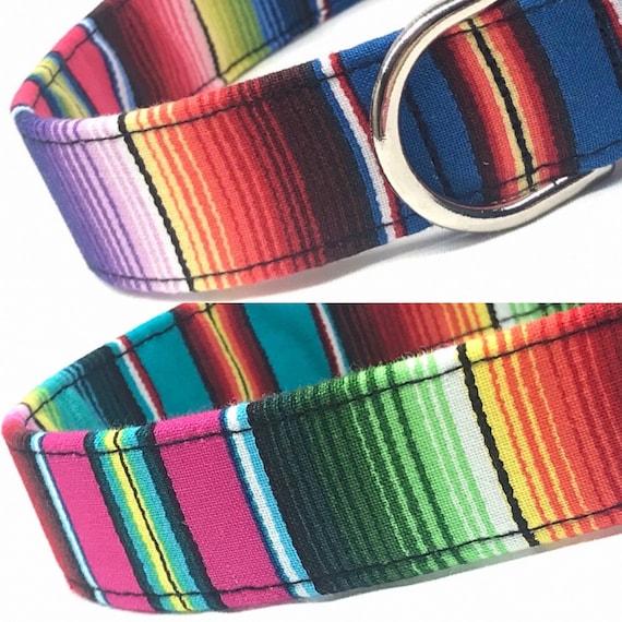 Serape Dog Collar for Girl Boy - Mexican Blanket - Multicolor Stripes- Pink - Blue
