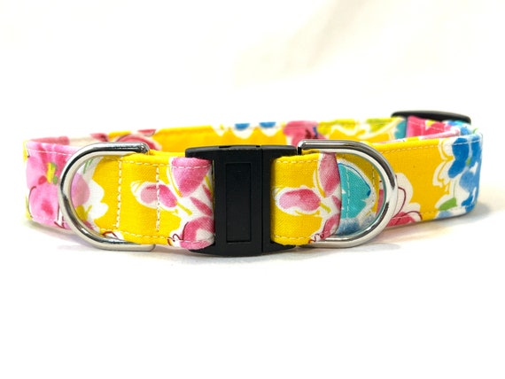 BREAKAWAY Dog Collar for Boy, Girl - Tropical Pink Yellow Flowers- Safety