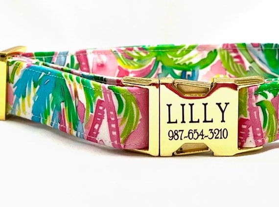 Personalized Beach Dog Collar for Girl, Boy - Laser Engraved Buckle - Preppy-  Tropical Palm Trees