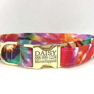 Tie Dye Personalized Dog Collar - Laser Engraved Buckle - Festival Colors