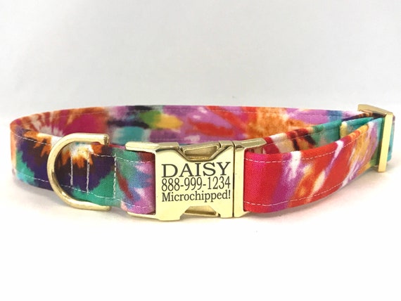 Tie Dye Personalized Dog Collar - Laser Engraved Buckle - Festival Colors