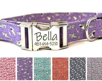 Personalized BREAKAWAY Dog Collar - Laser Engraved Buckle - Sharks- Purple, Blue, Aqua, Pink