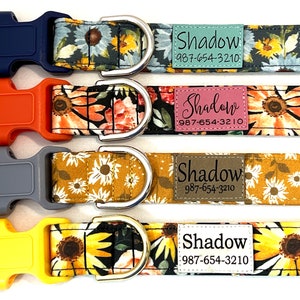 Personalized Sunflowers Dog Collar for Girl, Boy - Engraved ID Tag - Pleather Name Patch - 1.5", 1", 3/4", 5/8"