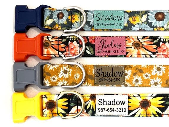 Personalized Sunflowers Dog Collar for Girl, Boy - Engraved ID Tag - Pleather Name Patch - 1.5", 1", 3/4", 5/8"
