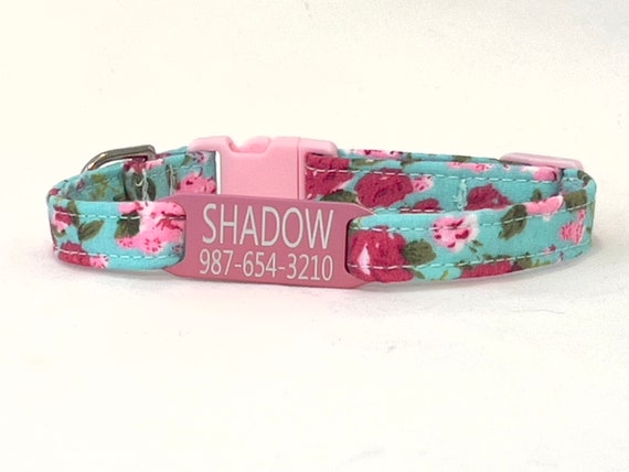 Personalized Cat Collar with Slide On ID Tag - Breakaway - Old Fashioned Flowers- Pink Aqua Roses