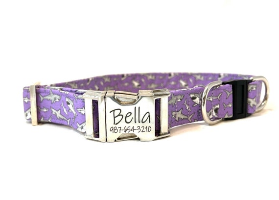 Personalized BREAKAWAY Dog Collar - Laser Engraved Buckle - Sharks- Purple, Blue, Aqua, Pink