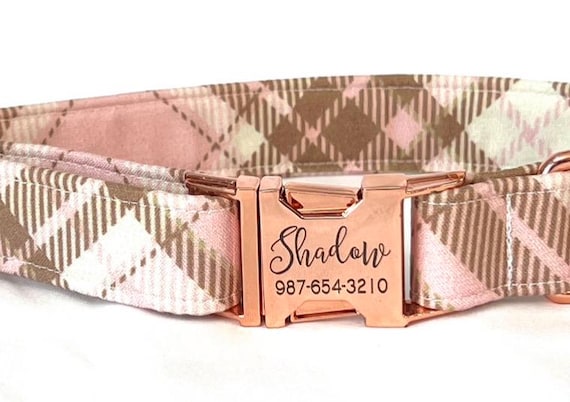 Personalized Dog Collar Laser Engraved Buckle - Pastel Pink and Brown Plaid