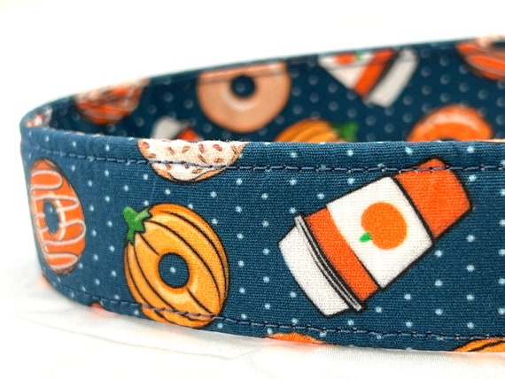 Fall Dog Collar for Boy Girl- Pumpkin Spice Latte, Doughnuts - Blue